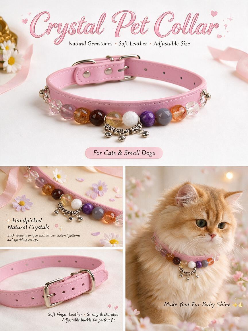 Handmade Natural Crystal Leather Pet Collar for Cats & Dogs | Durable & Stylish Inlaid Genuine Crystal, Calms Anxious Pets & Creates Peaceful Mood, Unique Gift for Small & Medium Sized Dogs and Cats