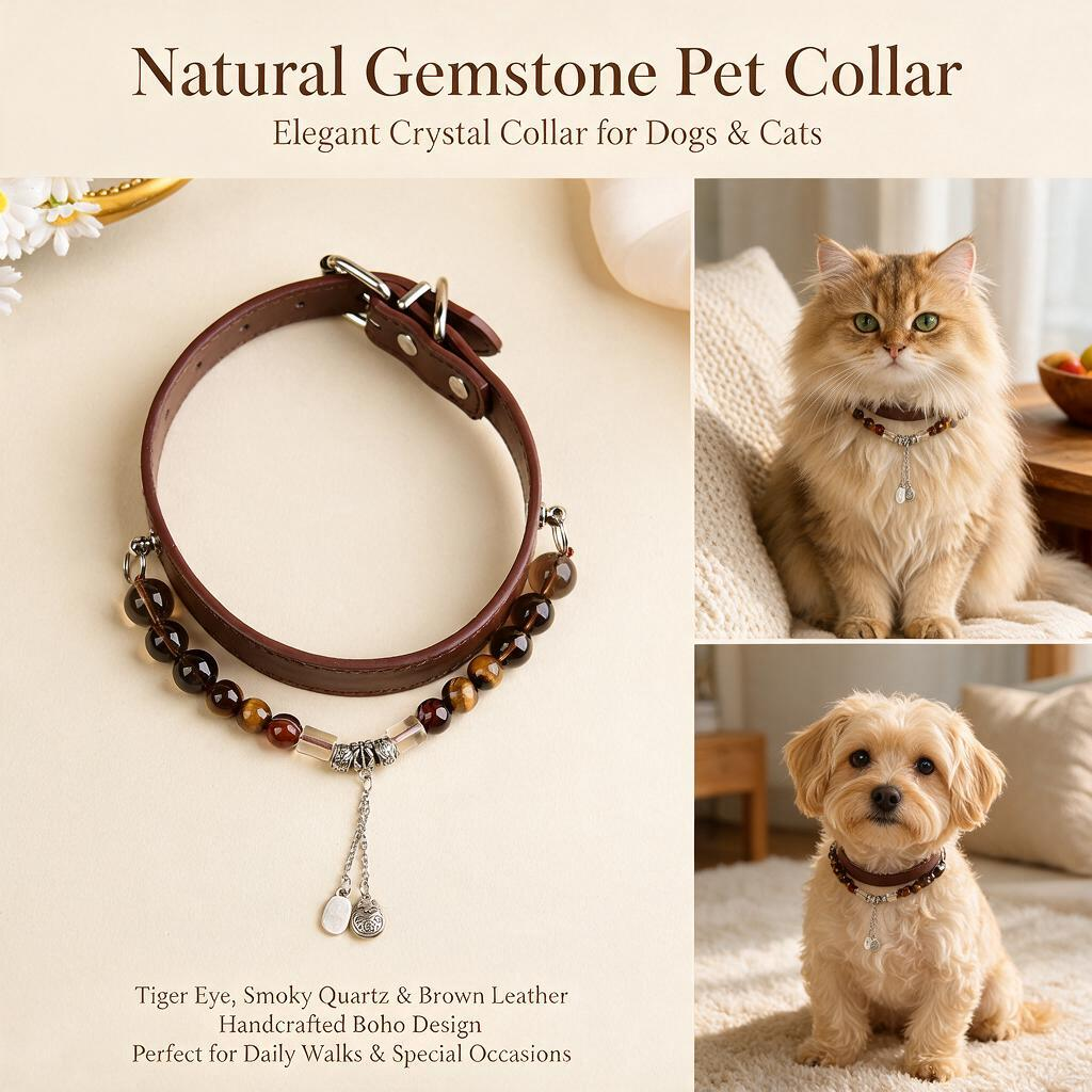 Handmade Natural Crystal Leather Pet Collar for Cats & Dogs | Durable & Stylish Inlaid Genuine Crystal, Calms Anxious Pets & Creates Peaceful Mood, Unique Gift for Small & Medium Sized Dogs and Cats