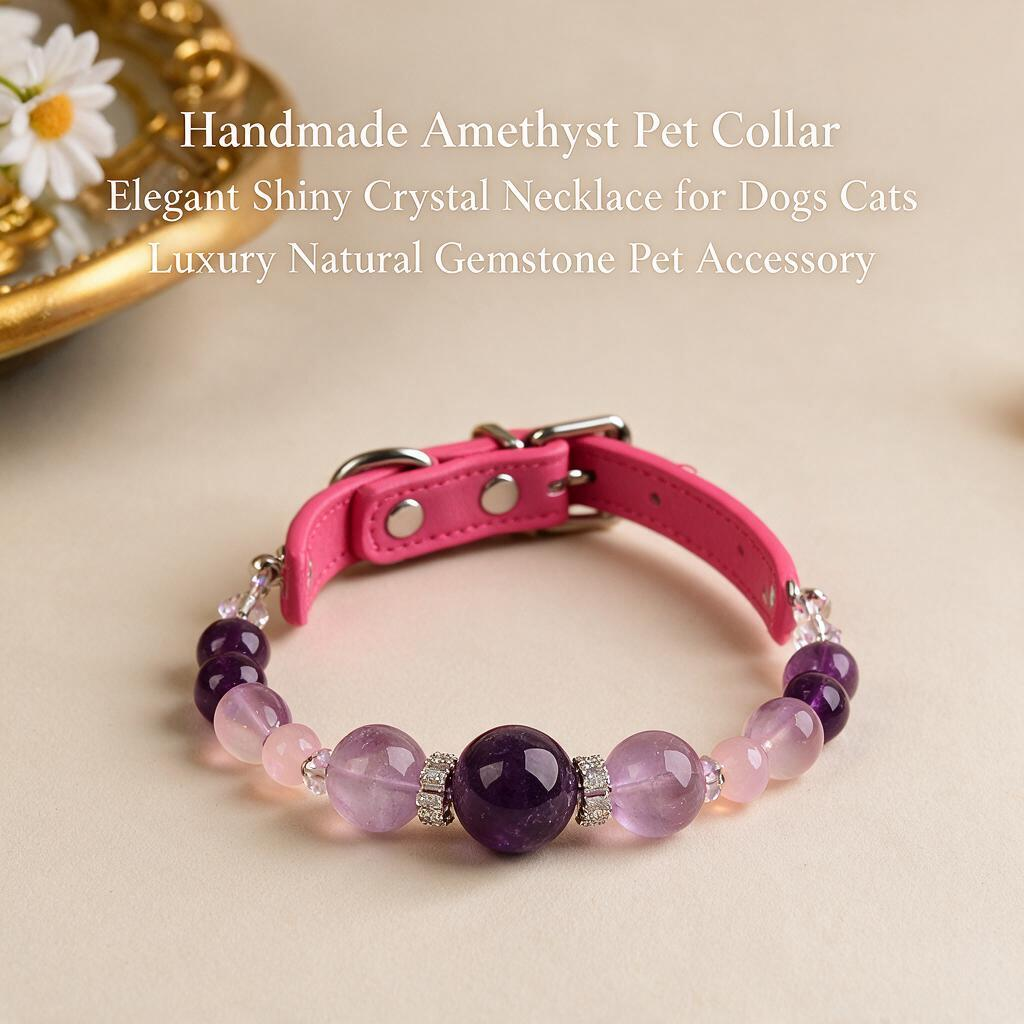 Handmade Natural Crystal Leather Pet Collar for Cats & Dogs | Durable & Stylish Inlaid Genuine Crystal, Calms Anxious Pets & Creates Peaceful Mood, Unique Gift for Small & Medium Sized Dogs and Cats