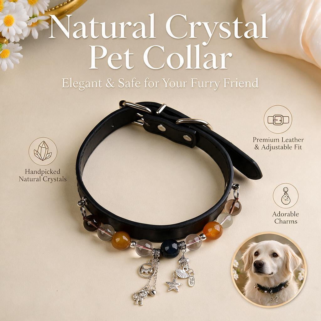 Handmade Natural Crystal Leather Pet Collar for Cats & Dogs | Durable & Stylish Inlaid Genuine Crystal, Calms Anxious Pets & Creates Peaceful Mood, Unique Gift for Small & Medium Sized Dogs and Cats