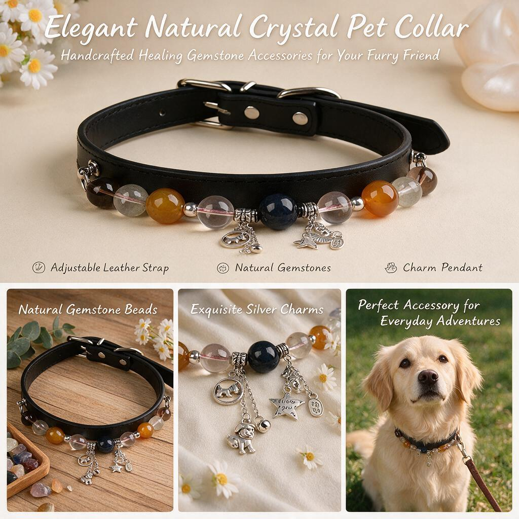 Handmade Natural Crystal Leather Pet Collar for Cats & Dogs | Durable & Stylish Inlaid Genuine Crystal, Calms Anxious Pets & Creates Peaceful Mood, Unique Gift for Small & Medium Sized Dogs and Cats