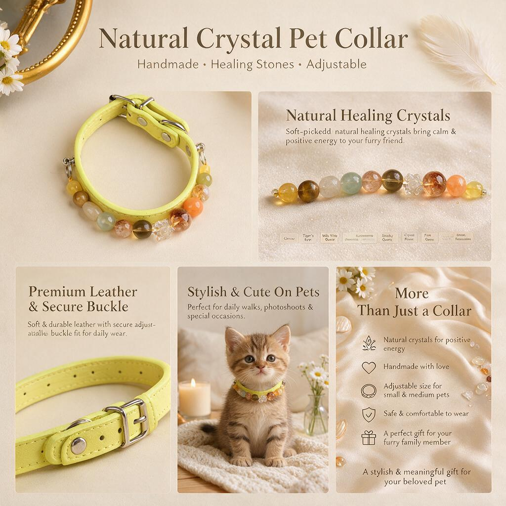 Handmade Natural Crystal Leather Pet Collar for Cats & Dogs | Durable & Stylish Inlaid Genuine Crystal, Calms Anxious Pets & Creates Peaceful Mood, Unique Gift for Small & Medium Sized Dogs and Cats