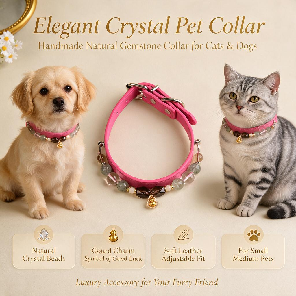 Handmade Natural Crystal Leather Pet Collar for Cats & Dogs | Durable & Stylish Inlaid Genuine Crystal, Calms Anxious Pets & Creates Peaceful Mood, Unique Gift for Small & Medium Sized Dogs and Cats