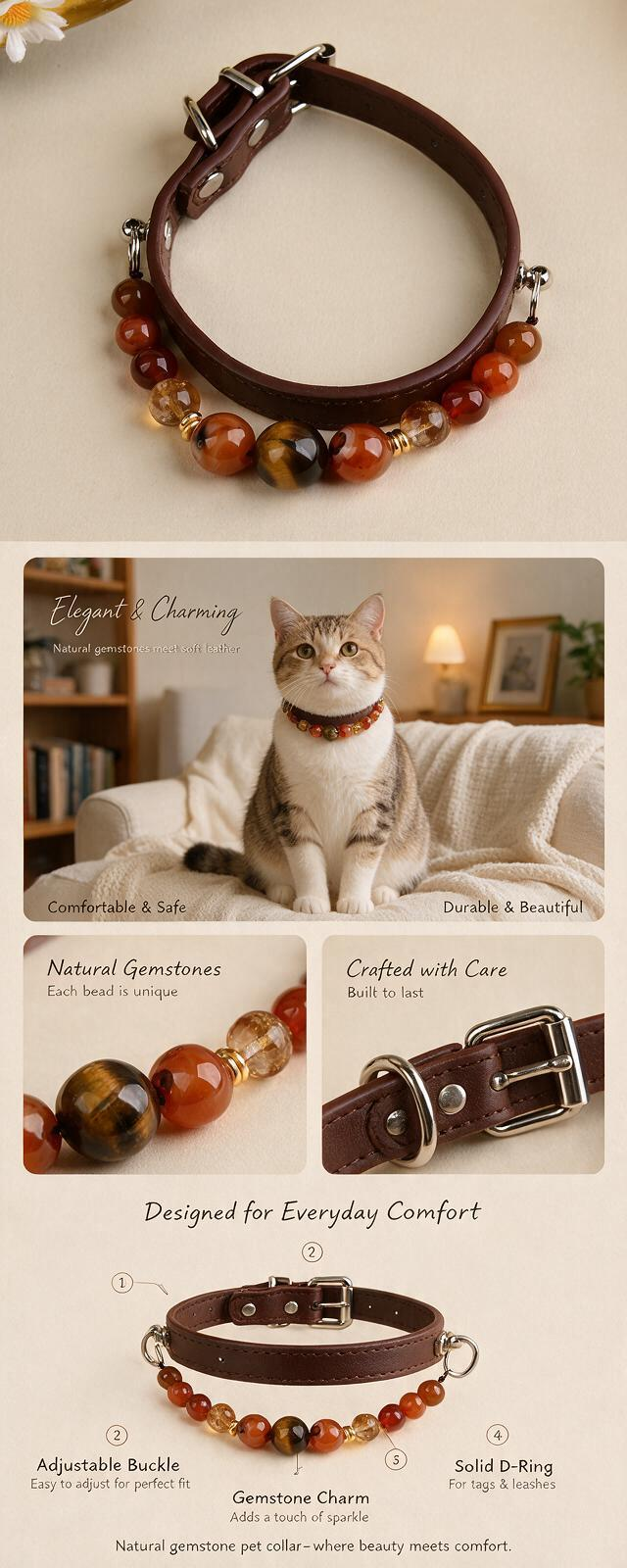 Handmade Natural Crystal Leather Pet Collar for Cats & Dogs | Durable & Stylish Inlaid Genuine Crystal, Calms Anxious Pets & Creates Peaceful Mood, Unique Gift for Small & Medium Sized Dogs and Cats