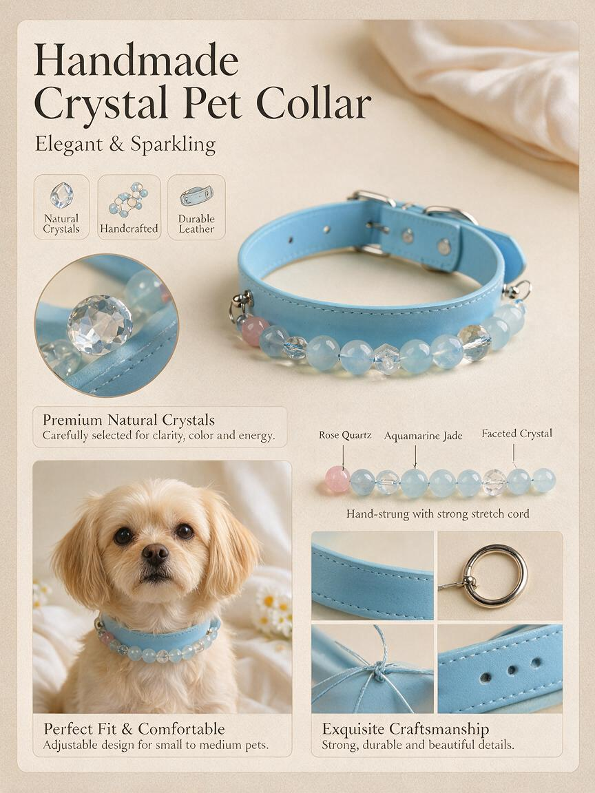 Handmade Natural Crystal Leather Pet Collar for Cats & Dogs | Durable & Stylish Inlaid Genuine Crystal, Calms Anxious Pets & Creates Peaceful Mood, Unique Gift for Small & Medium Sized Dogs and Cats