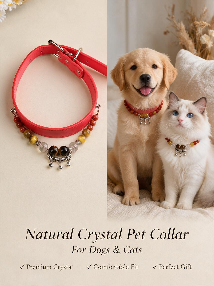 Handmade Natural Crystal Leather Pet Collar for Cats & Dogs | Durable & Stylish Inlaid Genuine Crystal, Calms Anxious Pets & Creates Peaceful Mood, Unique Gift for Small & Medium Sized Dogs and Cats