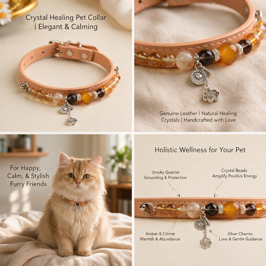 Handmade Natural Crystal Leather Pet Collar for Cats & Dogs | Durable & Stylish Inlaid Genuine Crystal, Calms Anxious Pets & Creates Peaceful Mood, Unique Gift for Small & Medium Sized Dogs and Cats