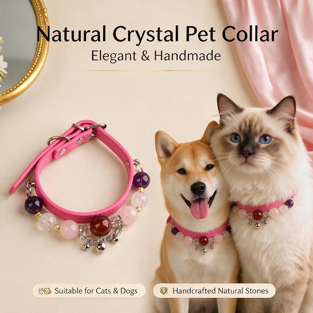 Handmade Natural Crystal Leather Pet Collar for Cats & Dogs | Durable & Stylish Inlaid Genuine Crystal, Calms Anxious Pets & Creates Peaceful Mood, Unique Gift for Small & Medium Sized Dogs and Cats