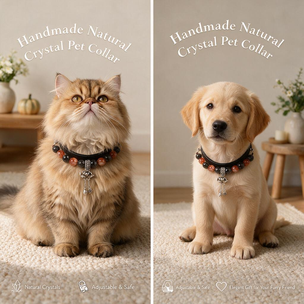 Handmade Natural Crystal Leather Pet Collar for Cats & Dogs | Durable & Stylish Inlaid Genuine Crystal, Calms Anxious Pets & Creates Peaceful Mood, Unique Gift for Small & Medium Sized Dogs and Cats