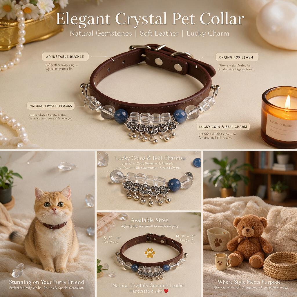 Handmade Natural Crystal Leather Pet Collar for Cats & Dogs | Durable & Stylish Inlaid Genuine Crystal, Calms Anxious Pets & Creates Peaceful Mood, Unique Gift for Small & Medium Sized Dogs and Cats