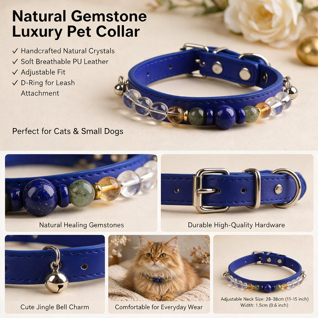 Handmade Natural Crystal Leather Pet Collar for Cats & Dogs | Durable & Stylish Inlaid Genuine Crystal, Calms Anxious Pets & Creates Peaceful Mood, Unique Gift for Small & Medium Sized Dogs and Cats