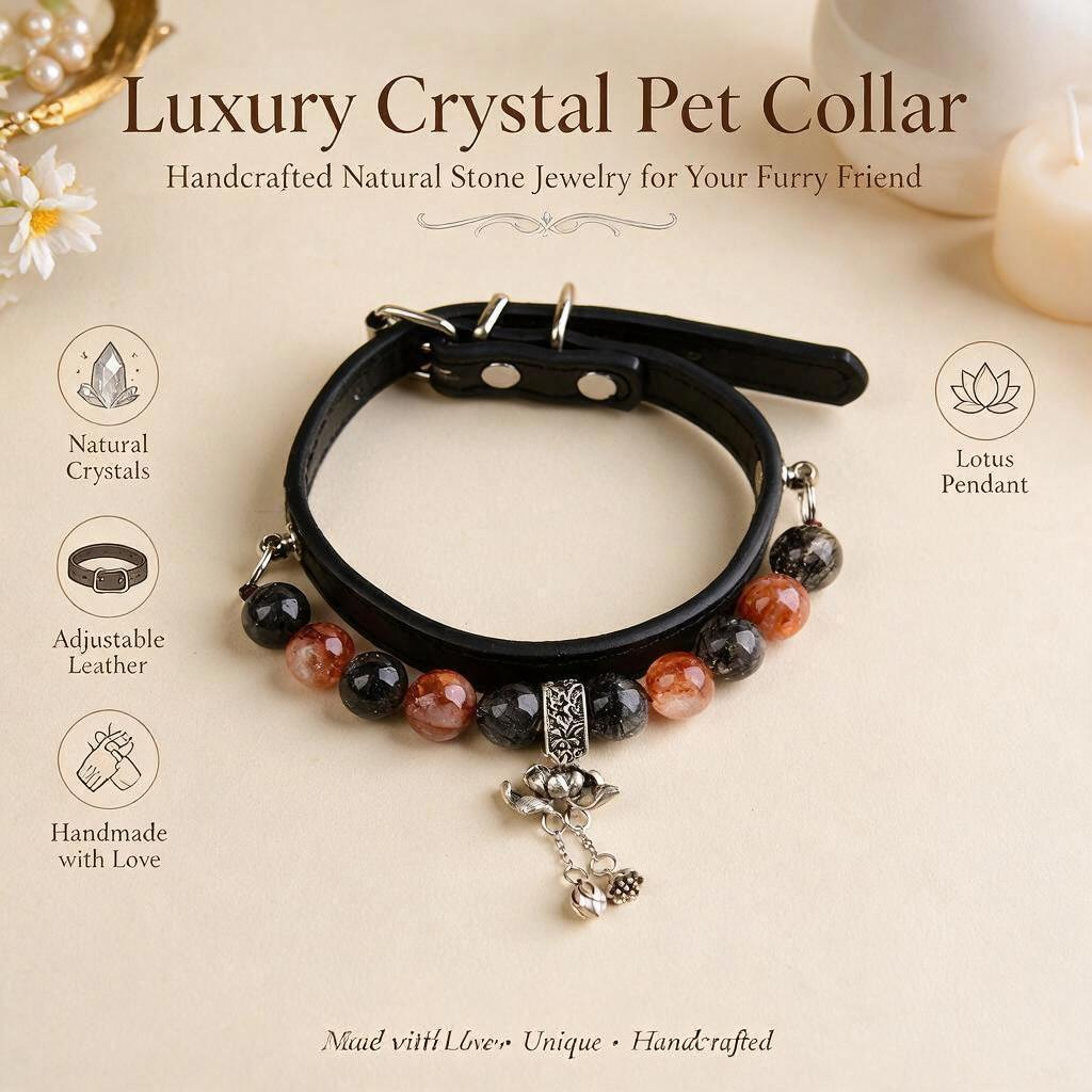Handmade Natural Crystal Leather Pet Collar for Cats & Dogs | Durable & Stylish Inlaid Genuine Crystal, Calms Anxious Pets & Creates Peaceful Mood, Unique Gift for Small & Medium Sized Dogs and Cats