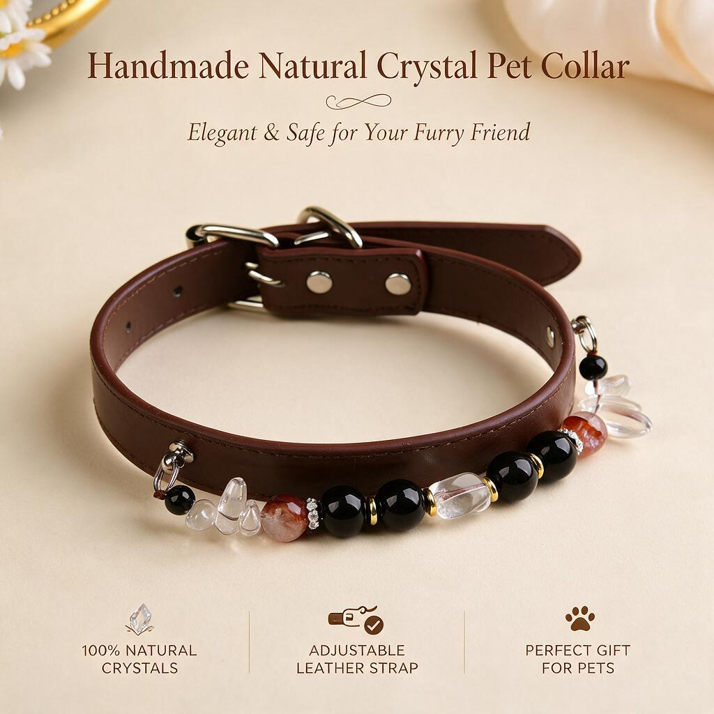 Handmade Natural Crystal Leather Pet Collar for Cats & Dogs | Durable & Stylish Inlaid Genuine Crystal, Calms Anxious Pets & Creates Peaceful Mood, Unique Gift for Small & Medium Sized Dogs and Cats