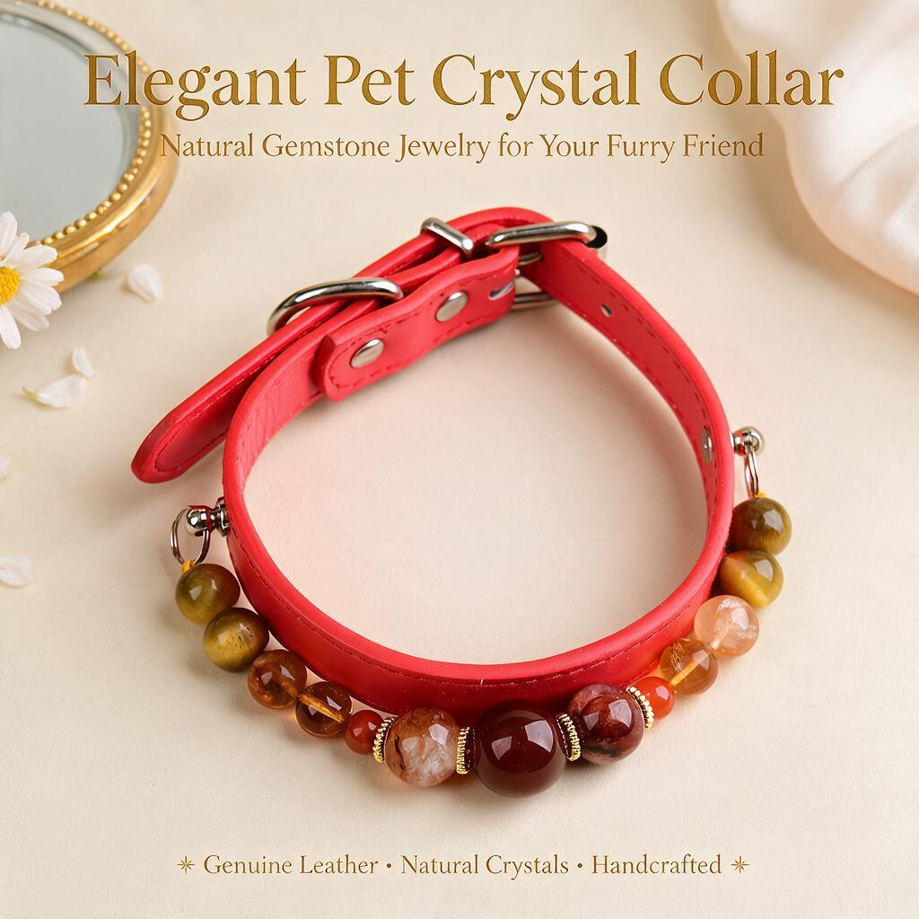 Handmade Natural Crystal Leather Pet Collar for Cats & Dogs | Durable & Stylish Inlaid Genuine Crystal, Calms Anxious Pets & Creates Peaceful Mood, Unique Gift for Small & Medium Sized Dogs and Cats