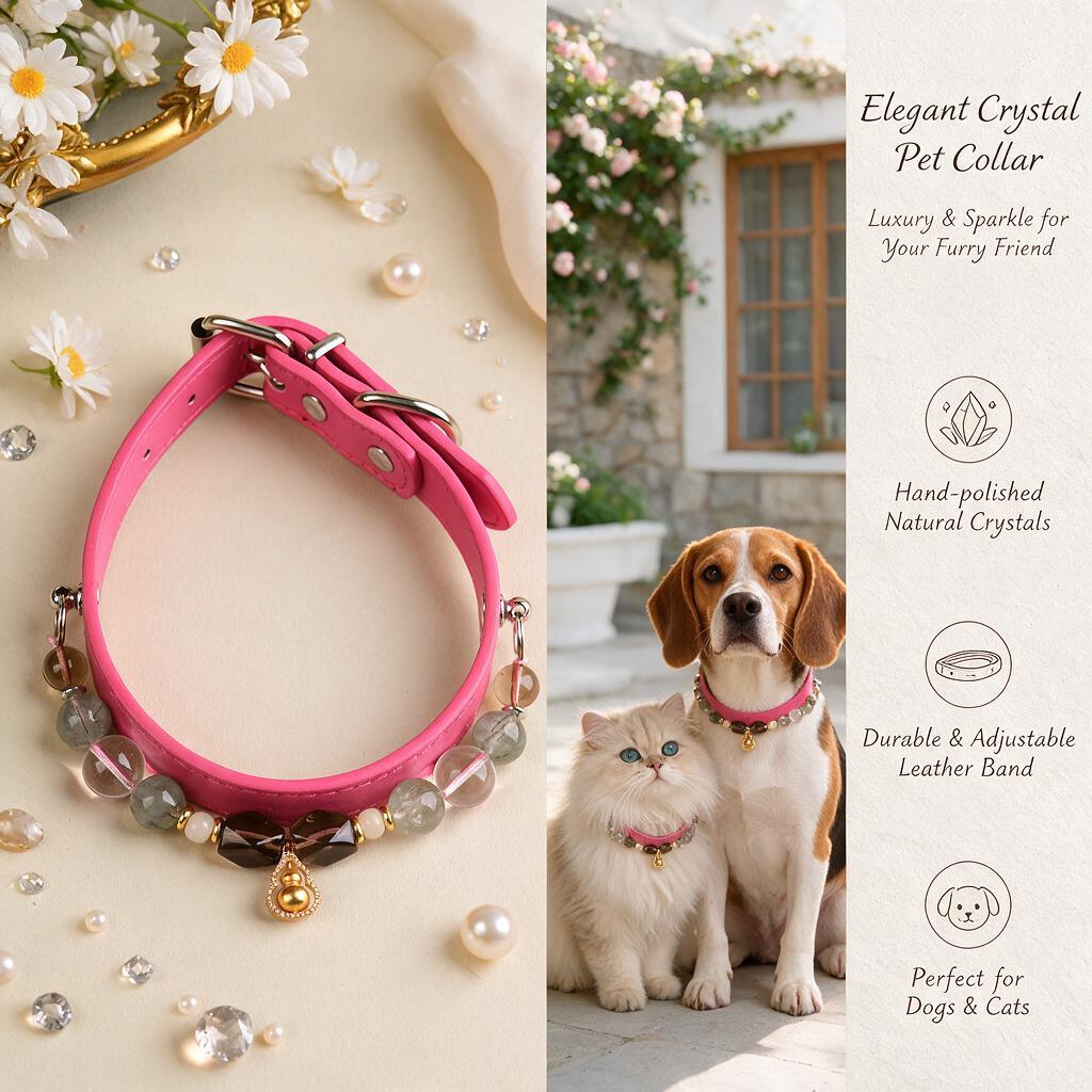 Handmade Natural Crystal Leather Pet Collar for Cats & Dogs | Durable & Stylish Inlaid Genuine Crystal, Calms Anxious Pets & Creates Peaceful Mood, Unique Gift for Small & Medium Sized Dogs and Cats