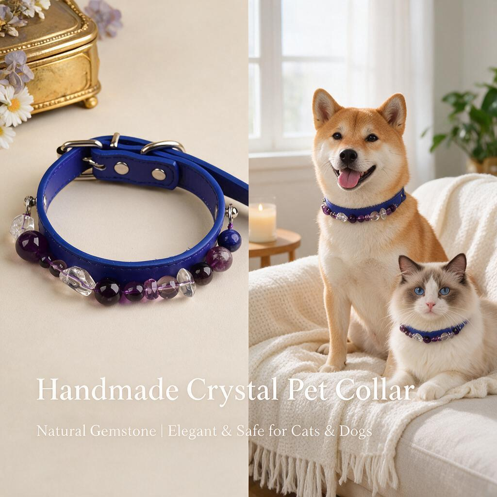 Handmade Natural Crystal Leather Pet Collar for Cats & Dogs | Durable & Stylish Inlaid Genuine Crystal, Calms Anxious Pets & Creates Peaceful Mood, Unique Gift for Small & Medium Sized Dogs and Cats