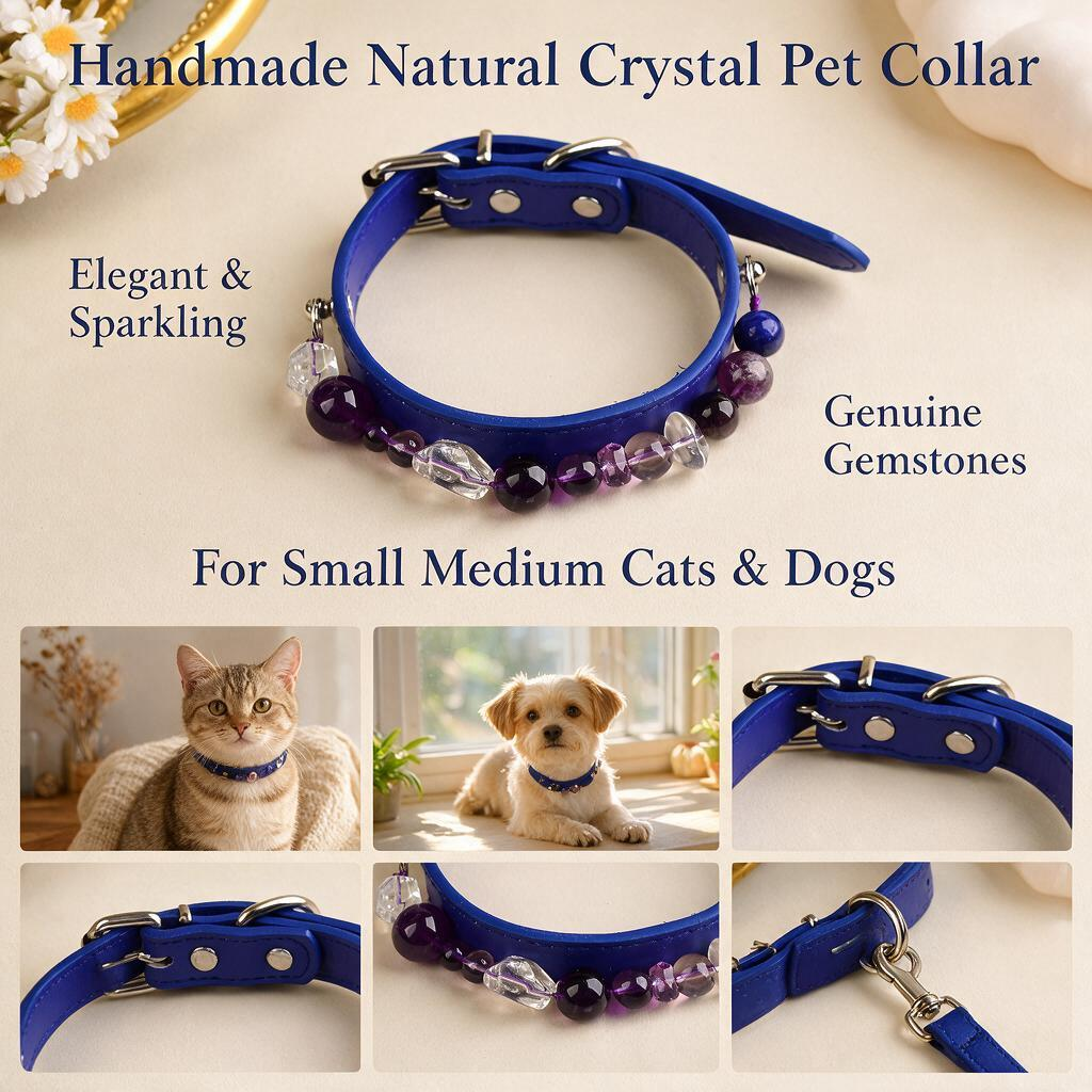 Handmade Natural Crystal Leather Pet Collar for Cats & Dogs | Durable & Stylish Inlaid Genuine Crystal, Calms Anxious Pets & Creates Peaceful Mood, Unique Gift for Small & Medium Sized Dogs and Cats
