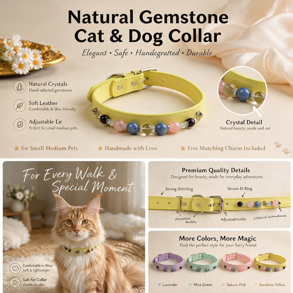 Handmade Natural Crystal Leather Pet Collar for Cats & Dogs | Durable & Stylish Inlaid Genuine Crystal, Calms Anxious Pets & Creates Peaceful Mood, Unique Gift for Small & Medium Sized Dogs and Cats