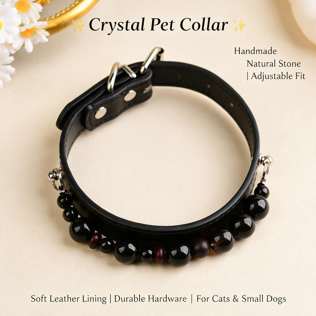 Handmade Natural Crystal Leather Pet Collar for Cats & Dogs | Durable & Stylish Inlaid Genuine Crystal, Calms Anxious Pets & Creates Peaceful Mood, Unique Gift for Small & Medium Sized Dogs and Cats
