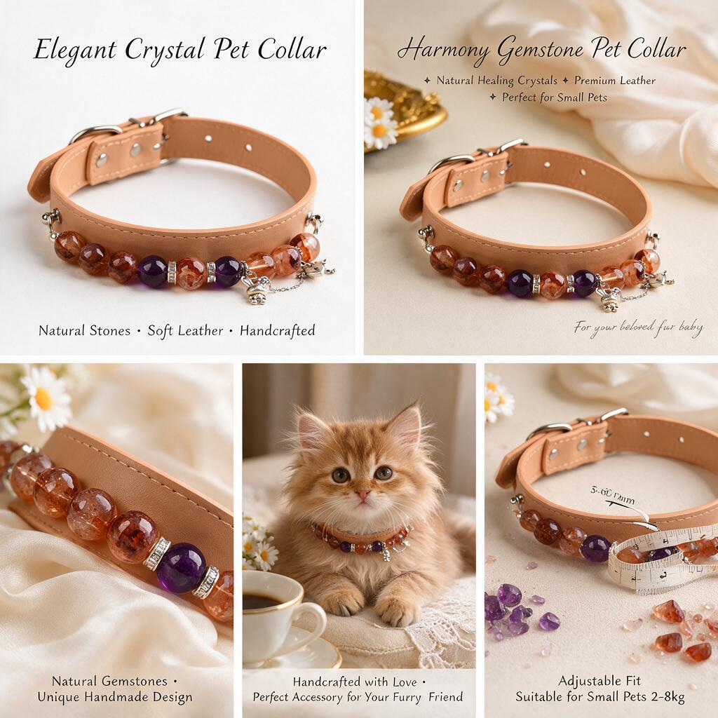 Handmade Natural Crystal Leather Pet Collar for Cats & Dogs | Durable & Stylish Inlaid Genuine Crystal, Calms Anxious Pets & Creates Peaceful Mood, Unique Gift for Small & Medium Sized Dogs and Cats