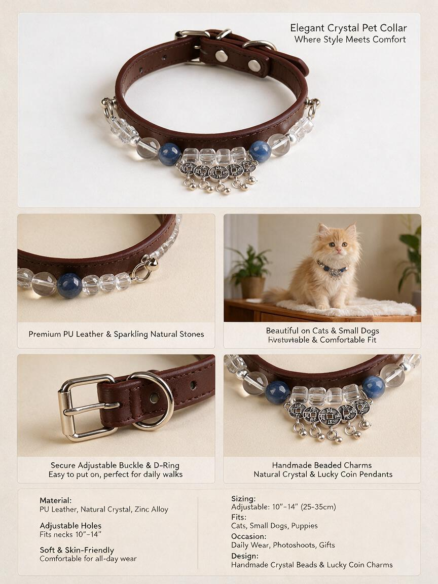 Handmade Natural Crystal Leather Pet Collar for Cats & Dogs | Durable & Stylish Inlaid Genuine Crystal, Calms Anxious Pets & Creates Peaceful Mood, Unique Gift for Small & Medium Sized Dogs and Cats
