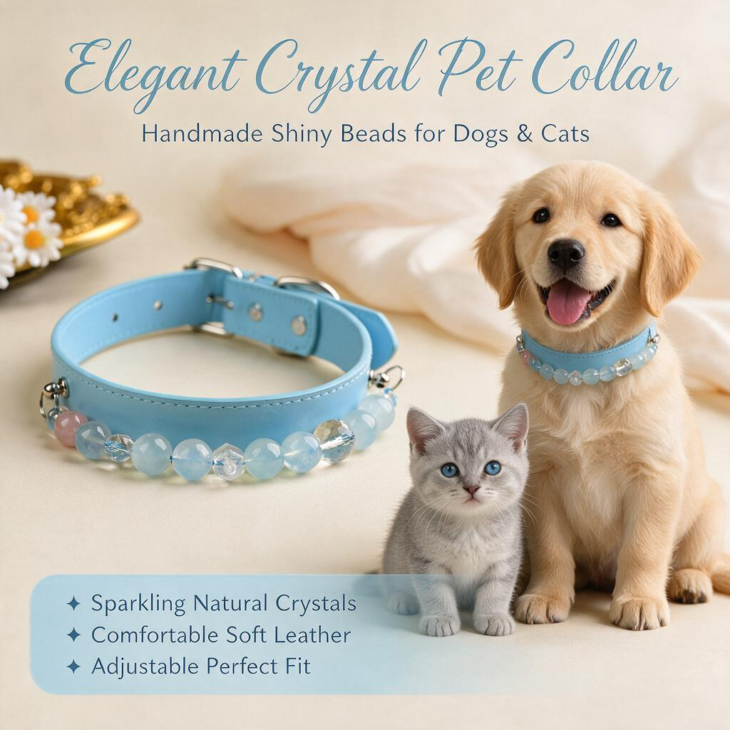 Handmade Natural Crystal Leather Pet Collar for Cats & Dogs | Durable & Stylish Inlaid Genuine Crystal, Calms Anxious Pets & Creates Peaceful Mood, Unique Gift for Small & Medium Sized Dogs and Cats