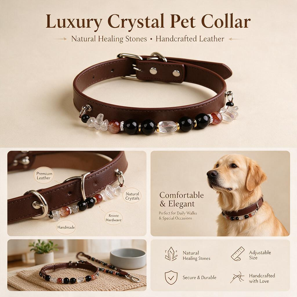 Handmade Natural Crystal Leather Pet Collar for Cats & Dogs | Durable & Stylish Inlaid Genuine Crystal, Calms Anxious Pets & Creates Peaceful Mood, Unique Gift for Small & Medium Sized Dogs and Cats