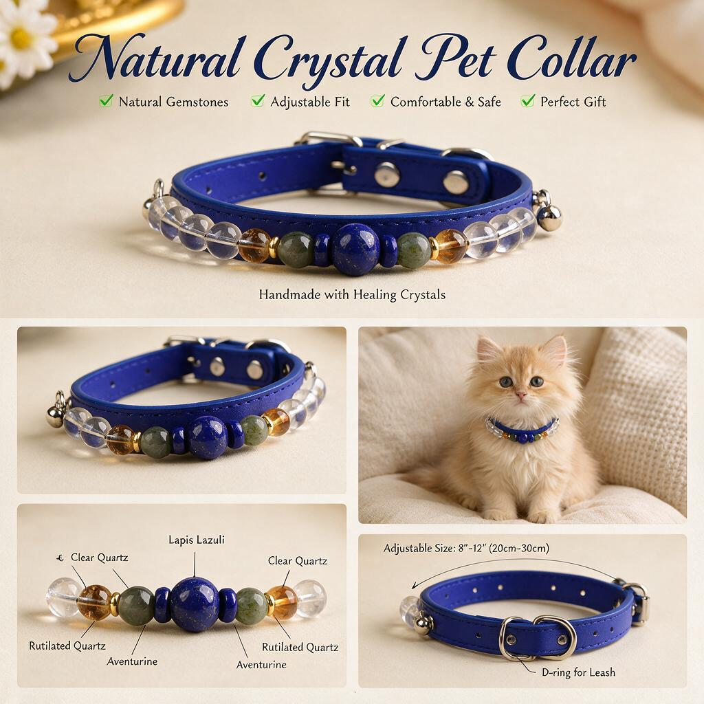 Handmade Natural Crystal Leather Pet Collar for Cats & Dogs | Durable & Stylish Inlaid Genuine Crystal, Calms Anxious Pets & Creates Peaceful Mood, Unique Gift for Small & Medium Sized Dogs and Cats